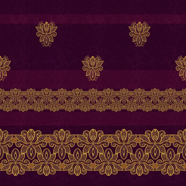 Horizontal floral border. Pattern, seamless. Gold lace. Golden crystals, weaving, arabesques. Dark rich velvet background. Openwork Textile weaving coarse thread.