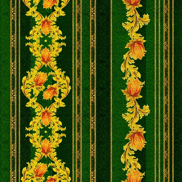 Vertical floral border. Pattern, seamless. Golden crystals, weaving, arabesques. Dark green velvet background with stripes, yellow with stylized leaves, red flowers, paisley, textile, gold fringe. — Stock Photo, Image