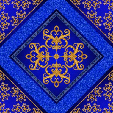 Desen, sorunsuz. Altın kristalleri, dokuma, Arabesk. Altın Arabesk, oryantal tarzda, soyut resim, karo, Mozaik. Parlak dekoratif kare çerçeve. Koyu mavi renkli duvar resmi.