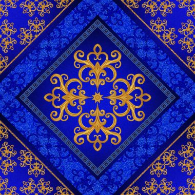 Desen, sorunsuz. Altın kristalleri, dokuma, Arabesk. Altın Arabesk, oryantal tarzda, soyut resim, karo, Mozaik. Parlak dekoratif kare çerçeve. Koyu mavi renkli duvar resmi.