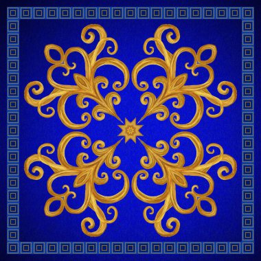 Altın Arabesk, oryantal tarzda, soyut resim, karo, Mozaik. Parlak dekoratif kare çerçeve. Koyu mavi kadife dokulu arka plan.