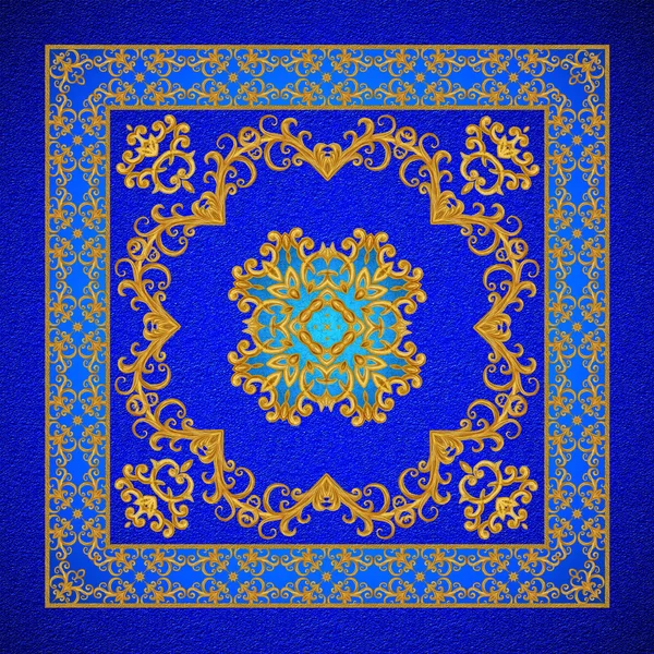 Gold arabesque, oriental style, abstract figure, tiles, mosaics. Sparkling decorative square frame. Dark blue velvet textured background. — Stock Photo, Image