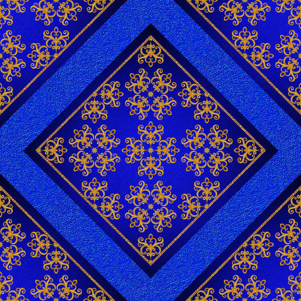 Pattern, seamless. Golden crystals, weaving, arabesques. Gold arabesque, oriental style, abstract figure, tiles, mosaics. Sparkling decorative square frame. Dark blue background mural.
