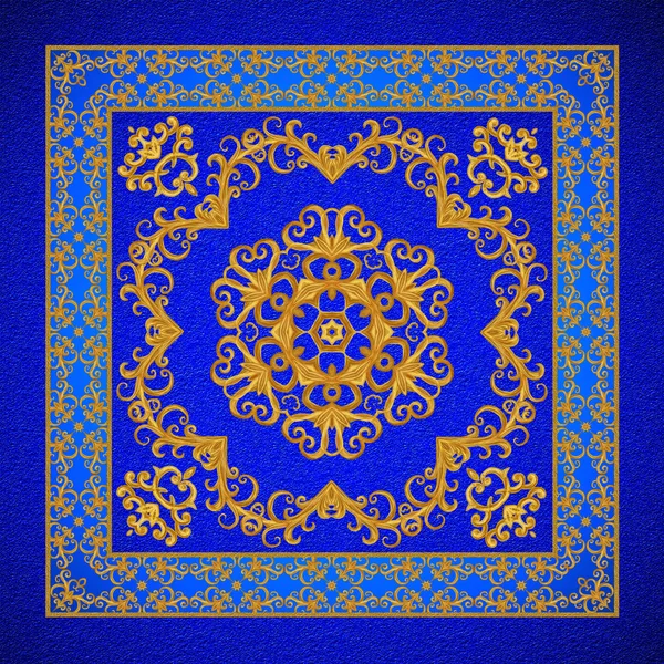 Gold arabesque, oriental style, abstract figure, tiles, mosaics. Sparkling decorative square frame. Dark blue velvet textured background. — Stock Photo, Image