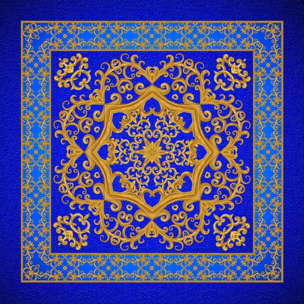 Oro arabesco, estilo oriental, figura abstracta, azulejos, mosaicos. Espumoso marco cuadrado decorativo. Fondo texturizado de terciopelo azul oscuro . — Foto de Stock