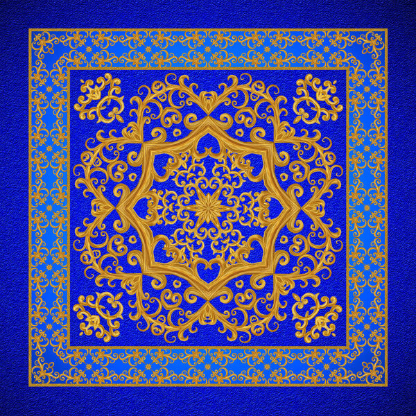 Gold arabesque, oriental style, abstract figure, tiles, mosaics. Sparkling decorative square frame. Dark blue velvet textured background.