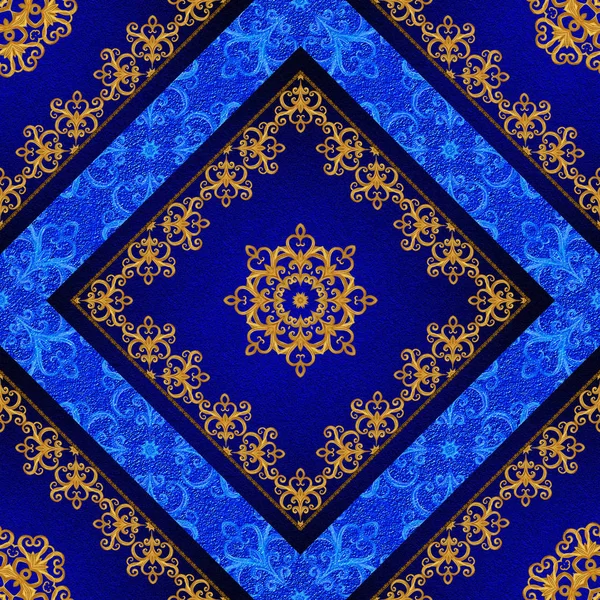 Pattern, seamless. Golden crystals, weaving, arabesques. Gold arabesque, oriental style, abstract figure, tiles, mosaics. Sparkling decorative square frame. Dark blue background mural. — Stock Photo, Image