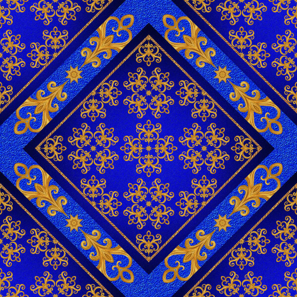 Pattern, seamless. Golden crystals, weaving, arabesques. Gold arabesque, oriental style, abstract figure, tiles, mosaics. Sparkling decorative square frame. Dark blue background mural.