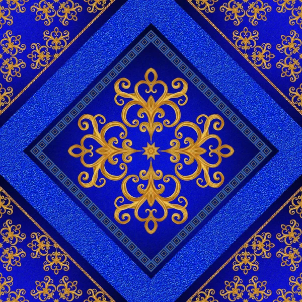 Pattern, seamless. Golden crystals, weaving, arabesques. Gold arabesque, oriental style, abstract figure, tiles, mosaics. Sparkling decorative square frame. Dark blue background mural. — Stock Photo, Image