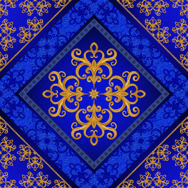 Pattern, seamless. Golden crystals, weaving, arabesques. Gold arabesque, oriental style, abstract figure, tiles, mosaics. Sparkling decorative square frame. Dark blue background mural.