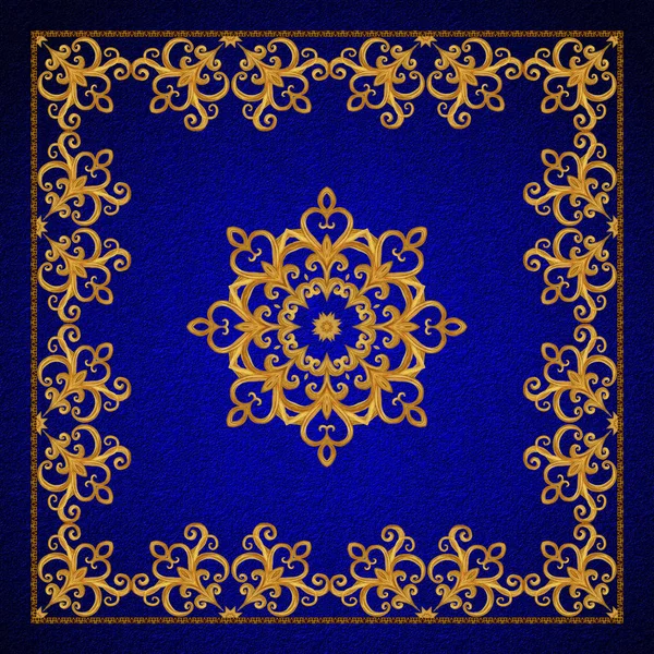Arabeska złota, styl Orientalny, rysunek streszczenie, płytki, mozaiki. Musujące dekoracyjne ramki kwadrat. Dark blue velvet teksturowanej tło. — Zdjęcie stockowe