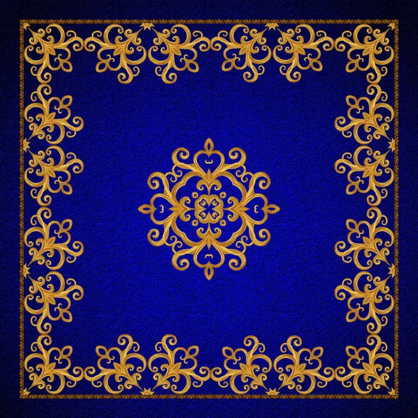 Ouro arabesco, estilo oriental, figura abstrata, telhas, mosaicos. Moldura quadrada decorativa espumante. Azul escuro veludo texturizado fundo . — Fotografia de Stock