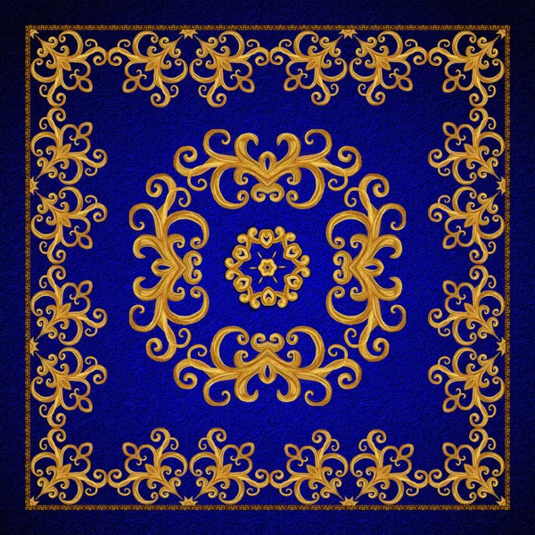 Gold arabesque, oriental style, abstract figure, tiles, mosaics. Sparkling decorative square frame. Dark blue velvet textured background.