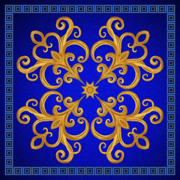 Guld arabesque, orientalisk stil, abstrakt figur, plattor, mosaik. Gnistrande dekorativa fyrkantig ram. Mörk blå sammet texturerat bakgrund. — Stockfoto