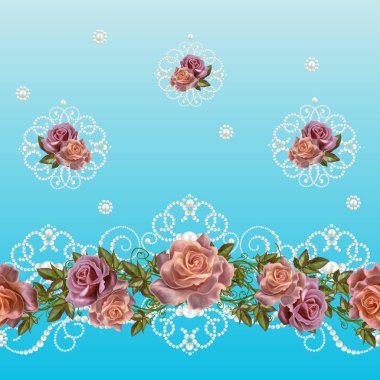 Yatay çiçek sınır. Desen, sorunsuz. Çiçek aranjmanı, pastel gül, inciler, boncuk bukleler.