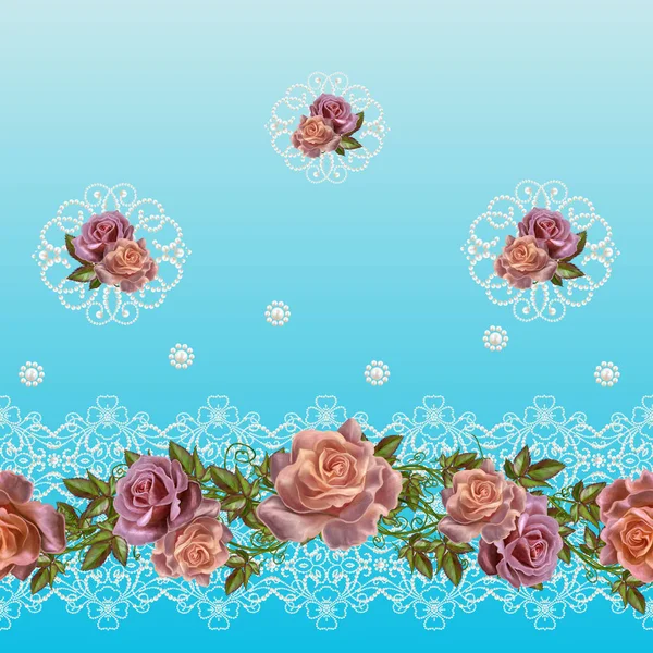 Bordure florale horizontale. Motif, sans couture. Arrangement de fleurs, roses pastel, boucles de perles, perles . — Photo