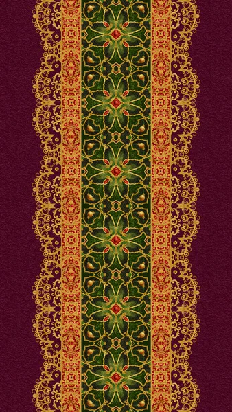 Vertical floral border. Pattern, seamless. Gold lace, weaving, Indian, Asian decoration, decorative shiny embroidery, arabesque, abstract shapes. — Stock Photo, Image