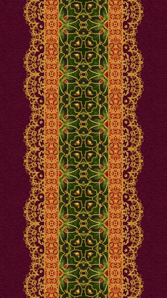 Vertical floral border. Pattern, seamless. Gold lace, weaving, Indian, Asian decoration, decorative shiny embroidery, arabesque, abstract shapes.