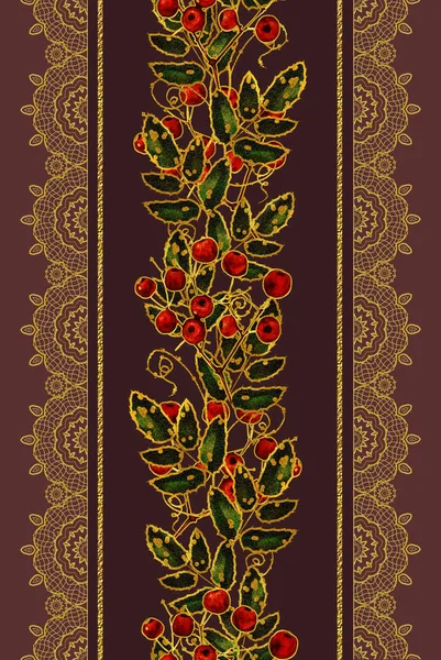 Vertical floral border. Pattern, seamless. Flower composition, garland of red berries, green leaves and golden decorations , gold braiding, lace, dark brown velvet background with stripes.