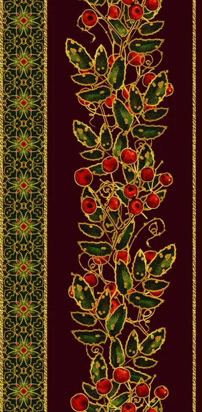 Vertical floral border. Pattern, seamless. Flower composition, garland of red berries, green leaves and golden decorations , gold braiding, lace, dark brown velvet background with stripes.