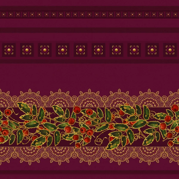 Horizontal floral border. Pattern, seamless. Flower composition, garland of red berries, green leaves and golden decorations , gold braiding, lace, dark brown velvet background with stripes.