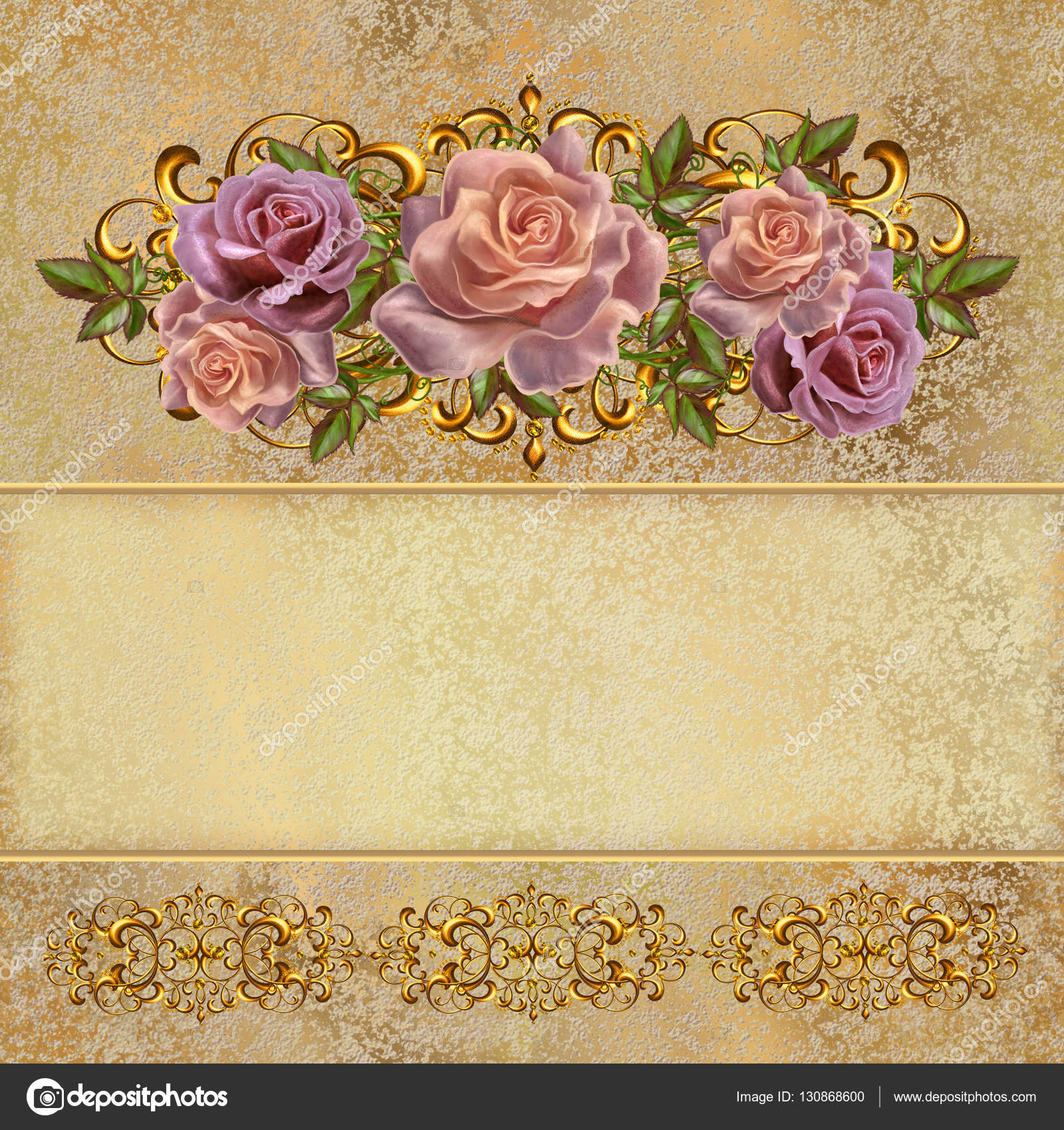 Golden vintage background. Flower garlands of pastel roses. Old style retro.  Invitation card. Stock Photo by ©sokolova_ 130868600