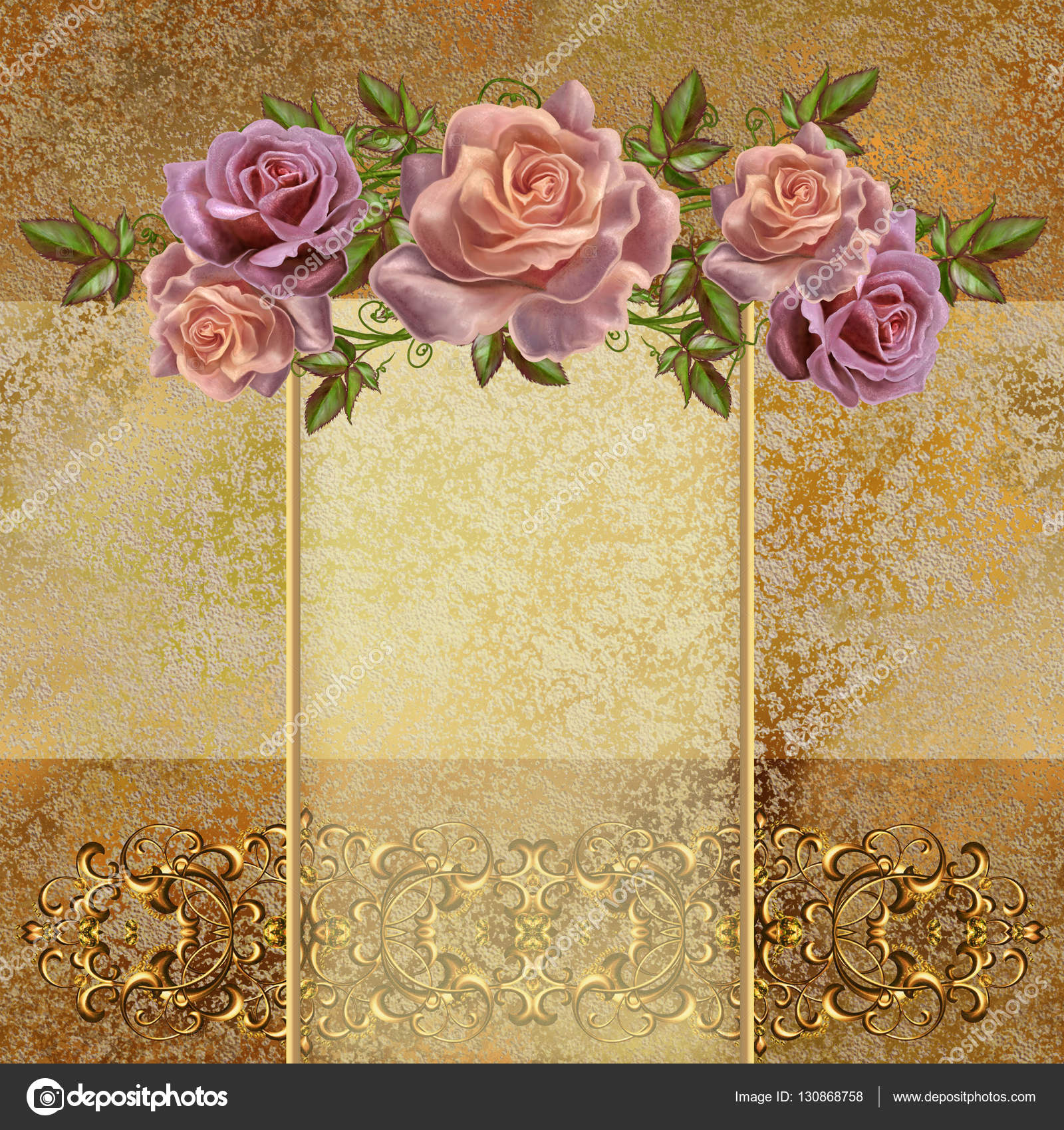 Golden vintage background. Flower garlands of pastel roses. Old ...