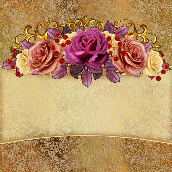 Złote tło. Girlandy kwiatowe pastelowy róż. Starym stylu retro. Karta zaproszenie. — Zdjęcie stockowe
