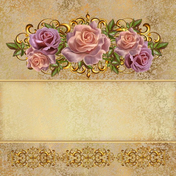 Fundo vintage dourado. Guirlandas de flores de rosas pastel. Velho estilo retro. Cartão de convite . — Fotografia de Stock