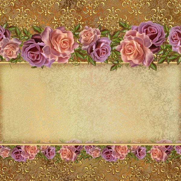 金黄的老式背景。鲜花花环的粉色玫瑰。复古的老样式。邀请卡. — 图库照片