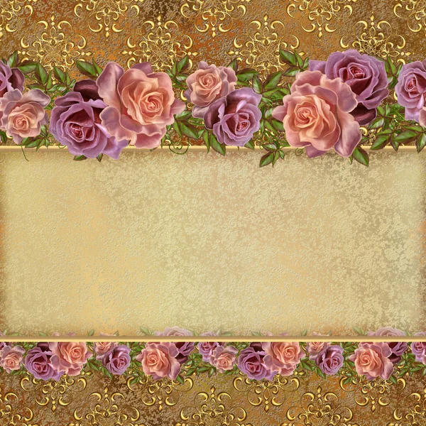 Fundo vintage dourado. Guirlandas de flores de rosas pastel. Velho estilo retro. Cartão de convite . — Fotografia de Stock