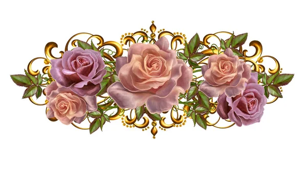 Altın antika arka plan. Pastel gül çiçek çelenk. Retro tarzı eski. Davetiye.