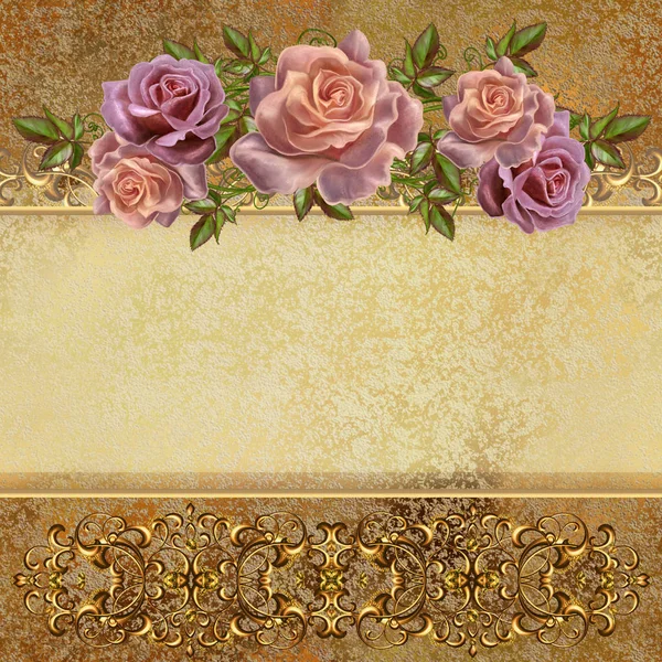 黄金のビンテージ背景。パステル調のバラの花の花輪。レトロな古いスタイル。招待カード. — ストック写真