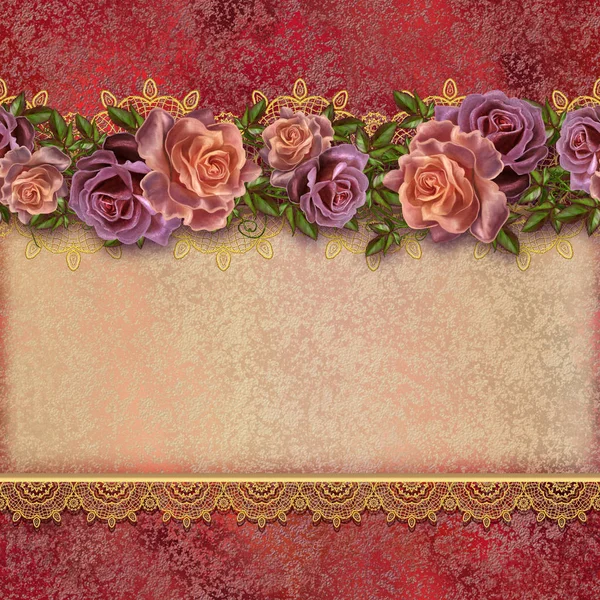黄金のビンテージ背景。パステル調のバラの花の花輪。レトロな古いスタイル。招待カード. — ストック写真