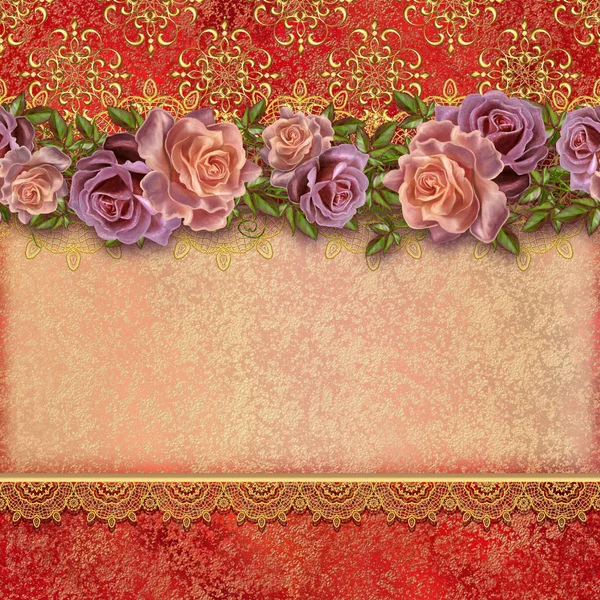 Golden vintage background. Flower garlands of pastel roses. Old style retro. Invitation card. — Stock Photo, Image