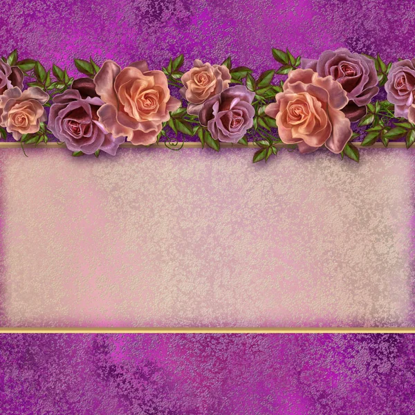 金黄的老式背景。鲜花花环的粉色玫瑰。复古的老样式。邀请卡. — 图库照片