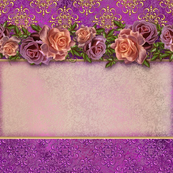 Fundo vintage dourado. Guirlandas de flores de rosas pastel. Velho estilo retro. Cartão de convite . — Fotografia de Stock