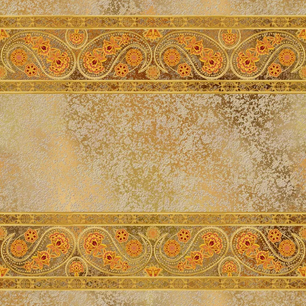 水平边框。模式，无缝。黄金的印度黄瓜，佩斯利。程式化花、 镂空织、 花边、 纺织包装元素东设计。复古暗金色背景. — 图库照片