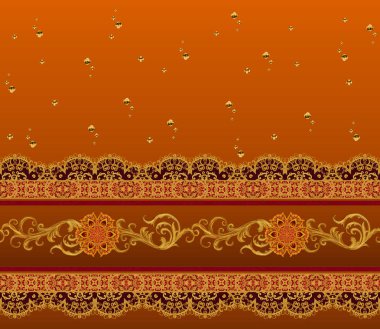 Yatay çiçek sınır. Desen, sorunsuz. Garland narin pembe güller, mor çiçekler, altın dantel, dokuma, parlak süsler Ajur.