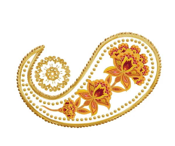 Guld indisk gurka, paisley. Stiliserade blommor, genombrutna vävning, spetsar, textil packning element east design. — Stockfoto