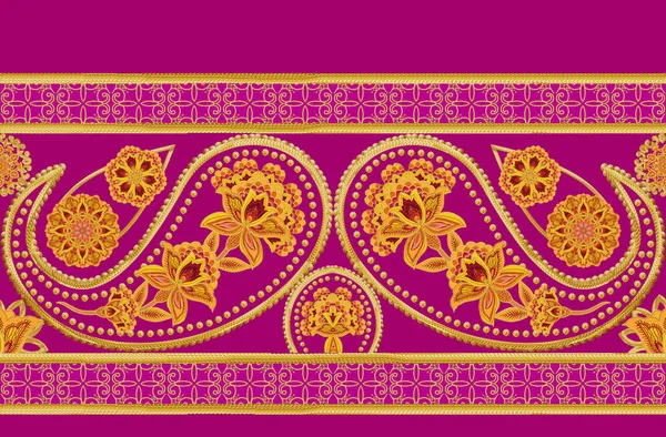 Fronteira horizontal. Padrão, sem costura. Pepino indiano dourado, paisley. Flores estilizadas, tecelagem a céu aberto, rendas, embalagem têxtil elemento design leste . — Fotografia de Stock