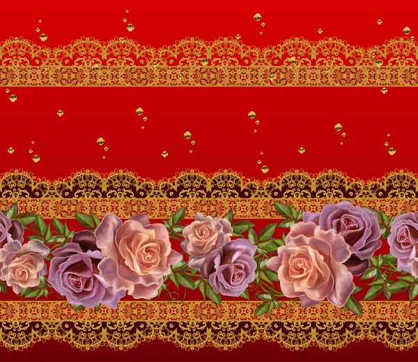 Fronteira floral horizontal. Padrão, sem costura. Guirlanda de delicadas rosas cor-de-rosa, flores roxas, rendas douradas, tecelagem com aberturas, ornamentos brilhantes . — Fotografia de Stock