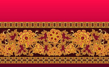 Yatay kenarlık. Desen, sorunsuz. Kompozisyon, stilize çiçek dekorasyon, desenli, oryantal motifi, vintage tarzı. Altın Ajur dokuma, dantel.