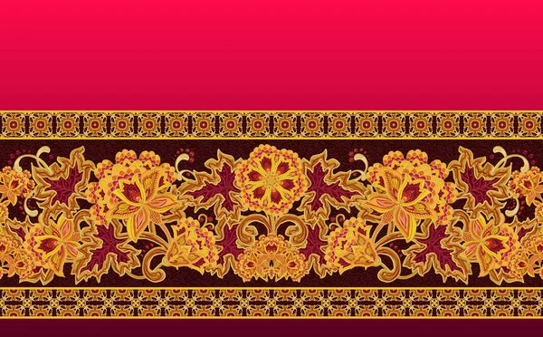 Horizontal border. Pattern, seamless. Composition, decoration of stylized flowers, paisley, oriental motif, vintage style. Gold openwork weaving, lace. — Stock Photo, Image