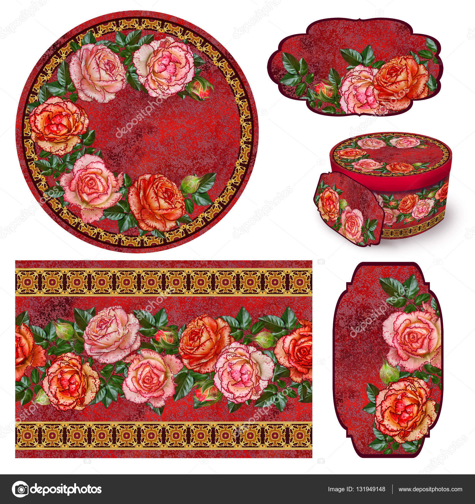 Conjunto para embalagem. Caixa redonda. Etiqueta. Decoupage. Fundo floral.  Fronteira de flores. Padrão. Mosaico. ramo de rosas alaranjadas brilhantes,  velho estilo, trançado a ouro . — Foto © sokolova_ #131949148, image size:1600x1700