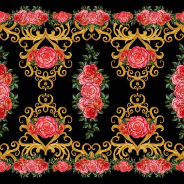 Yatay çiçek sınır. Desen, sorunsuz. Çiçek çelenk. Güzel parlak turuncu gül, tomurcukları, yeşil yaprakları, kaba kumaş, bez. Altın bukleler, parlak oyma dokuma. Vintage eski arka plan.