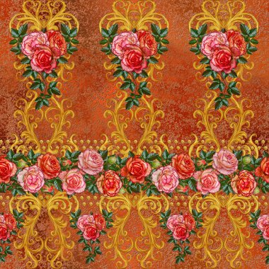 Yatay çiçek sınır. Desen, sorunsuz. Çiçek çelenk. Güzel parlak turuncu gül, tomurcukları, yeşil yaprakları, kaba kumaş, bez. Altın bukleler, parlak oyma dokuma. Vintage eski arka plan.