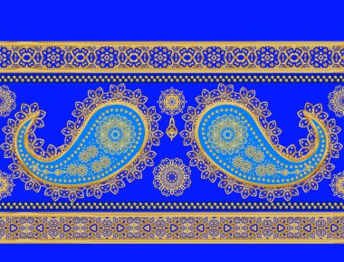Yatay kenarlık. Desen, sorunsuz. Altın Hint salatalık, desenli. Stilize çiçek, dokuma, dantel, öğe Doğu tasarım ambalaj Tekstil Ajur. 