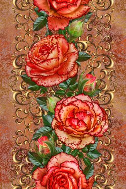 Dikey çiçek sınır. Desen, sorunsuz. Flower çelenk turuncu parlak güzel gül, yeşil yaprak. Altın dokuma, parlak süsler, karanlık kadife arka plan.