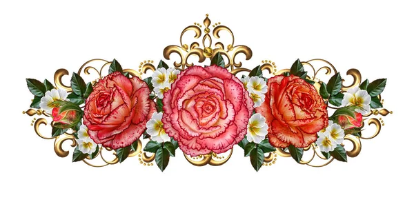 Flores guirlandas de rosas laranja e flores brancas, cachos brilhantes, trança de ouro openwork. Velho estilo vintage. Isolado sobre fundo branco . — Fotografia de Stock